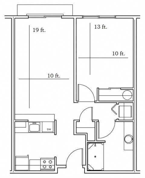 Floor plan for 1 bed, 1 bath, 597 sqft